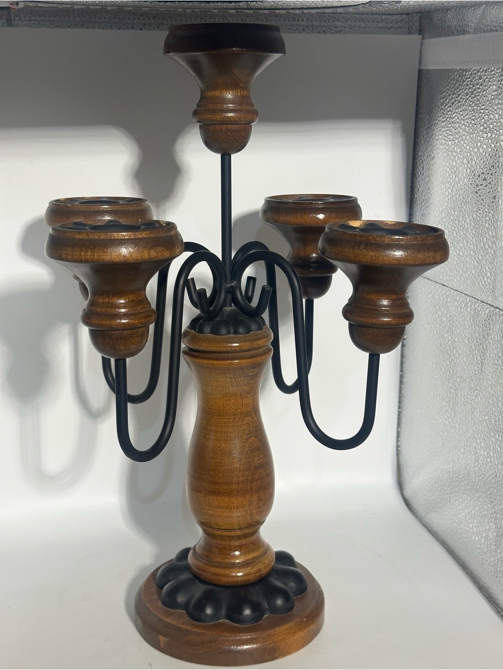 Vintage Wood & Black Metal 5-Arm Candle Holder - Brown